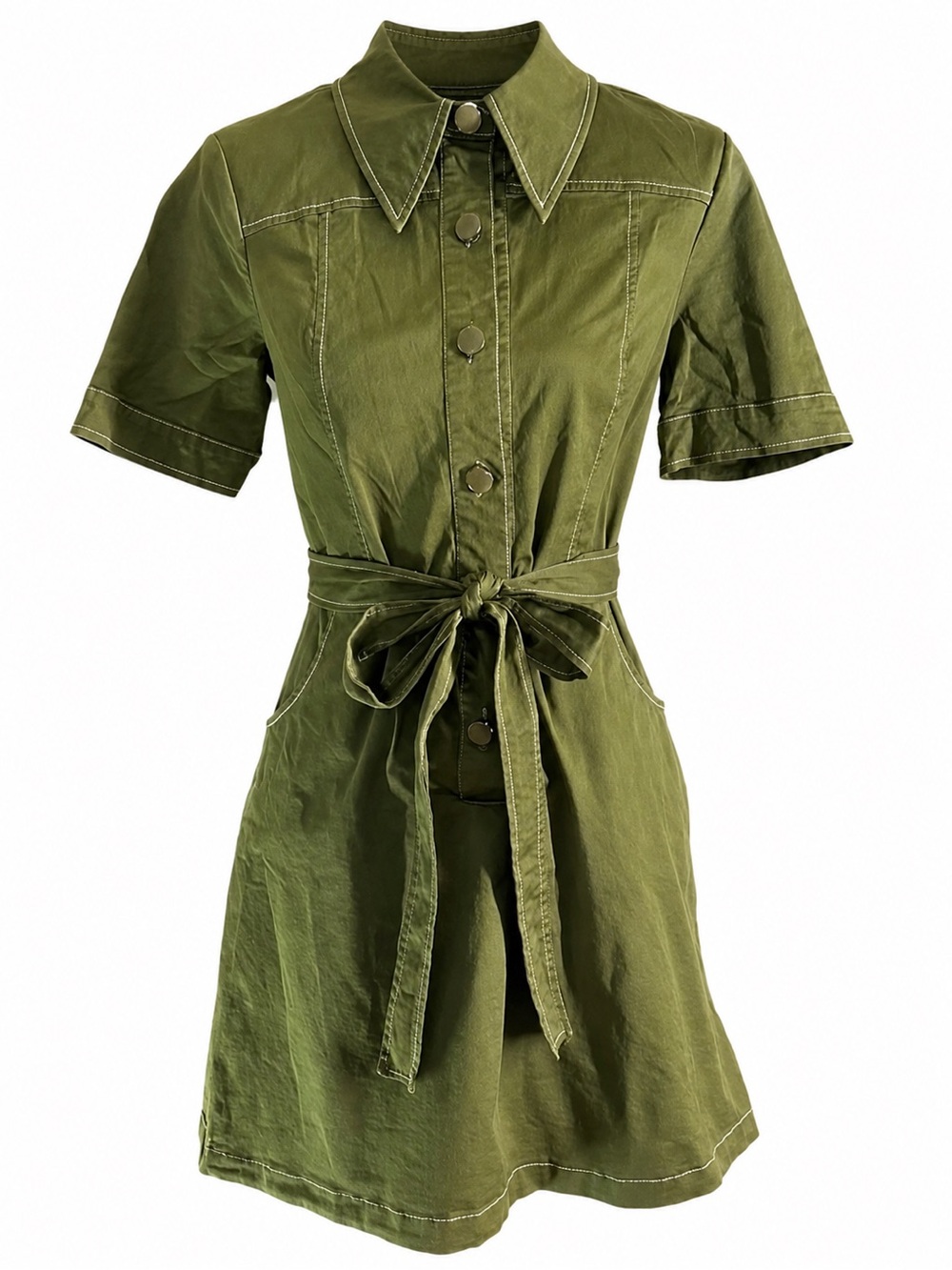 ModCloth Olive Green Utility Shirt Dress Button Front Tie Waist Pockets Retro 8 - Picture 4 of 16
